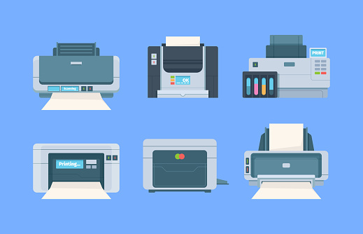 Printers. Documents and photo on papers copy machines for printing house vector flat illustration. Printer office, device scan and photocopier