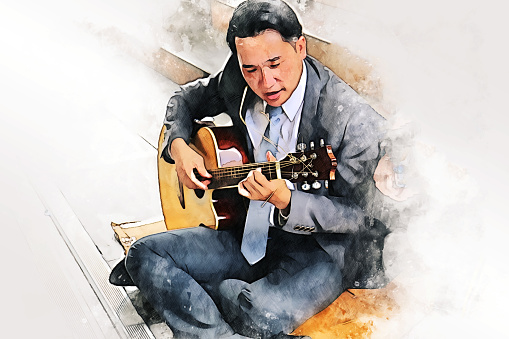 Abstract colorful business man playing acoustic guitar for relaxation on watercolor illustration painting background.