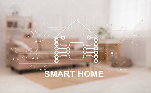 Living room interior and pictogram of smart home on transparent screen, creative collage. Panorama