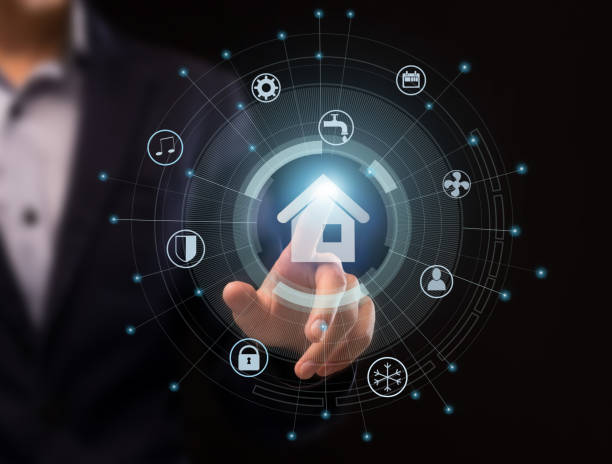 istock Futuristic technologies. Collage with male hand pushing SMART HOME pictogram on imaginary screen 1224542312