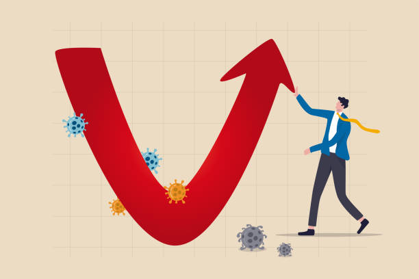 ilustraciones, imágenes clip art, dibujos animados e iconos de stock de recuperación de la forma de v económica después del concepto de accidente coronavirus covid-19, empresario profesional analizar la economía mundial, negocios se recuperarán y restaurarán con gráfico de forma v y gráfico con patógeno de virus - barn conversion