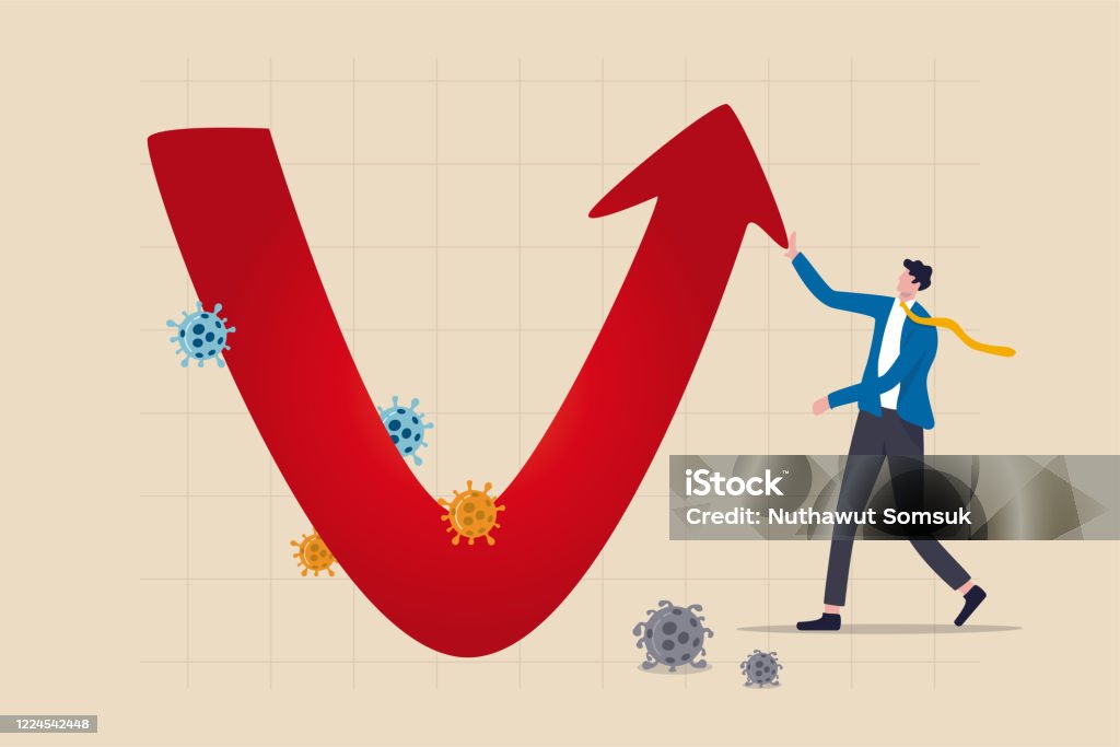 Economische V vorm herstel na Coronavirus COVID-19 crash concept, zakenman professionele analyse van de wereld economische, het bedrijfsleven zal herstellen en herstellen met v vorm grafiek en grafiek met virus pathogene - Royalty-free Herstel vectorkunst