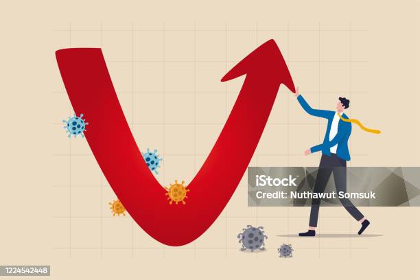 Economische V Vorm Herstel Na Coronavirus Covid19 Crash Concept Zakenman Professionele Analyse Van De Wereld Economische Het Bedrijfsleven Zal Herstellen En Herstellen Met V Vorm Grafiek En Grafiek Met Virus Pathogene Stockvectorkunst en meer beelden van Herstel