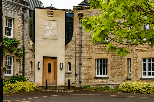 The entrance to Merton College Theatre named after TS Eliot on an overcast day in Oxford, Oxfordshire, England, UK.