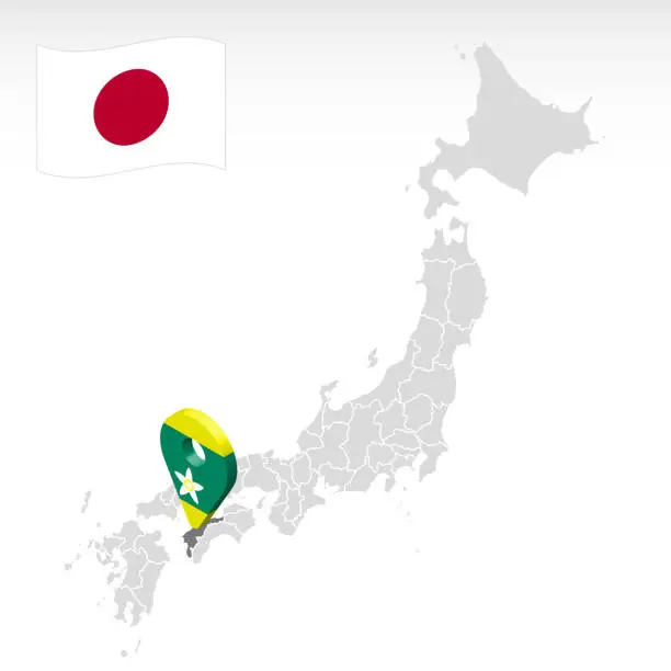 Vector illustration of Location of Prefecture Ehime on map Japan. 3d Ehime location mark. Quality map  with regions of Japan for your web site design, app, UI.  Stock vector. EPS10.