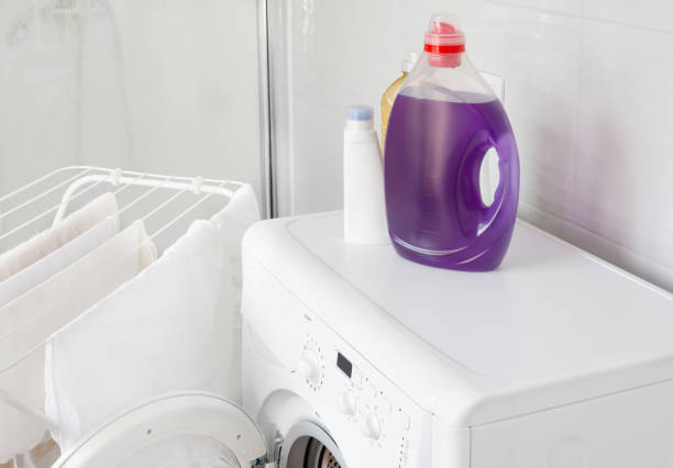 Washing machine and laundry detergent gel for washing. Household. Washing clothes.