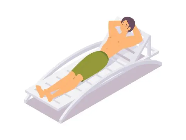 Vector illustration of Young man laying down on outdoor lounger relaxed with smile. Isometric isolated on white background illustration.