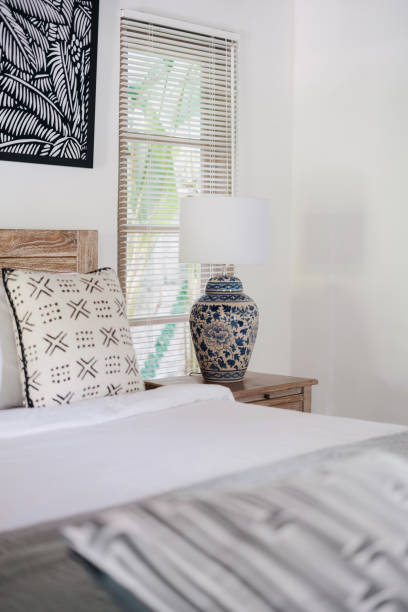 istock White interior in authentic bedroom with copy space on wall and lamp on bedside table 1224546862