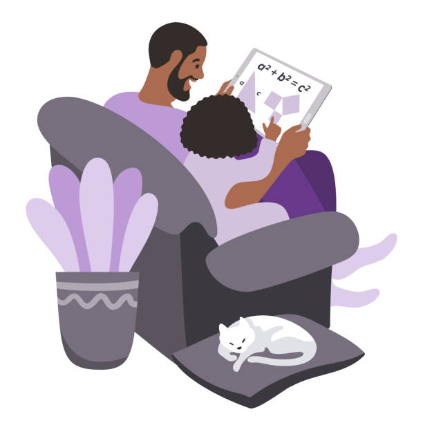 Homeschooling Black dad teaching Math to his child. Sitting together at home with a digital tablet doing an online Math lesson. Distance learning. parent illustrations stock illustrations