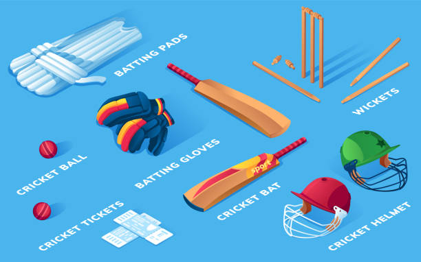 ilustrações de stock, clip art, desenhos animados e ícones de set of isolated cricket items or ball sport equipment. wooden stump and wicket, helmet and pads, gloves and ticket, bat and cup, trophy. batsman or batter keeper and bowler icons. game, sporting - sport of cricket cricket player fielder sport