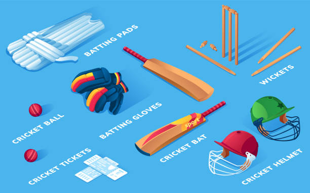 Set of isolated cricket items or ball sport equipment. Wooden stump and wicket, helmet and pads, gloves and ticket, bat and cup, trophy. Batsman or batter keeper and bowler icons. Game, sporting Set of isolated cricket items or ball sport equipment. Wooden stump and wicket, helmet and pads, gloves and ticket, bat and cup, trophy. Batsman or batter keeper and bowler icons. Game, sporting offensive line stock illustrations