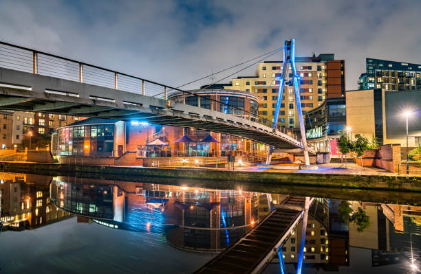 Footbridge across the Aire River in Leeds, England Footbridge across the Aire River in West Yorkshire, England leeds photos stock pictures, royalty-free photos & images