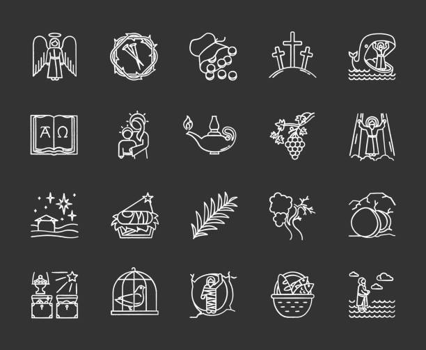 ilustrações de stock, clip art, desenhos animados e ícones de bible narratives chalk icons set. life of jesus christ. gospel miracles and parables. legends of holy scriptures. old and new testaments studying, learning. isolated vector chalkboard illustrations - miracle food