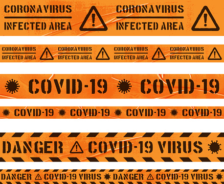 Seamless biohazard plastic cordon tapes with coronavirus symbol and text. Repeating patterns (banners tile horizontally). Vector illustration, easy to edit, manipulate and resize. Layered EPS10 with global colors and transparencies. Individual elements and textures. Hi-res JPG included.