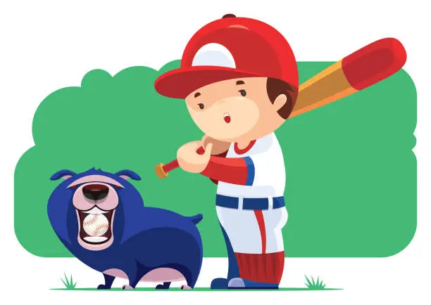 Vector illustration of kid playing baseball with dog