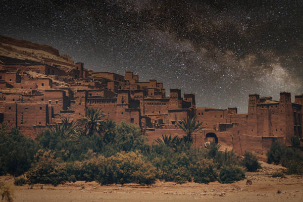 Morocco, Starry night over the Ait Ben Haddou ighrem (fortified village).