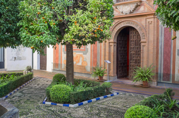 Cordoba, Spain - Dec 7th 2018: Museum Julio Romero de Torres courtyard entrance, Cordoba, Spain. Former Hospital of the Charity