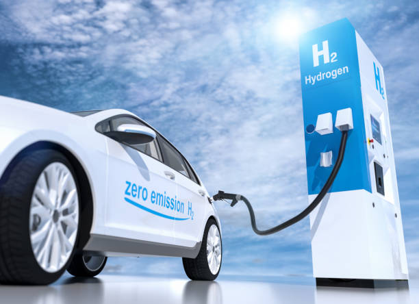 hydrogen logo on gas stations fuel dispenser. h2 combustion engine for emission free ecofriendly transport stock photo