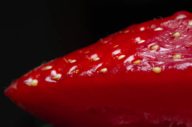 istock A piece of red strawberry on a blurry black background. macro 1224556728