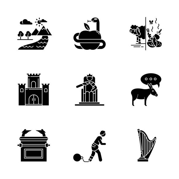 Bible narratives glyph icons set. Adam and Eve, Solomon Temple myths. Religious legends. Christian religion, holy and sacred book, Biblical stories. Silhouette symbols. Vector isolated illustration Bible narratives glyph icons set. Adam and Eve, Solomon Temple myths. Religious legends. Christian religion, holy and sacred book, Biblical stories. Silhouette symbols. Vector isolated illustration solomon stock illustrations