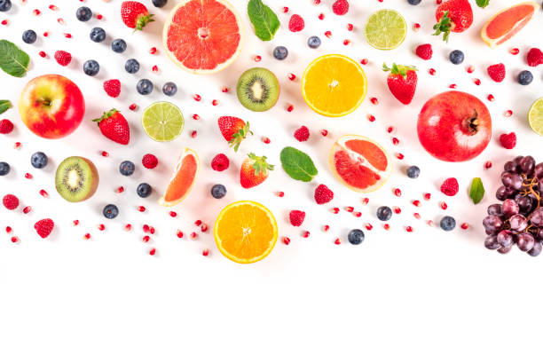 istock Fresh summer fruit design template, a flat lay top shot on a white background, vibrant food pattern with copy space 1224561900