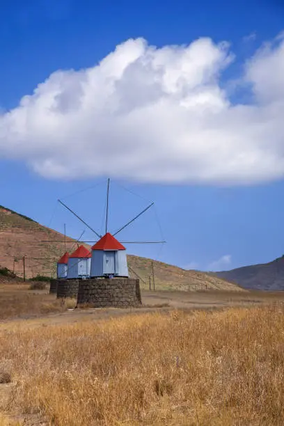 Porto Santo tradicional windmills with red roofs