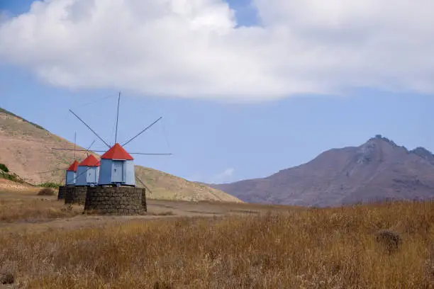 Porto Santo windmills with red roofs