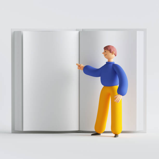 3d render man cartoon character standing in front of big open book. Blank mockup with copy space. Clip art isolated on white background. Student reading. Education concept.