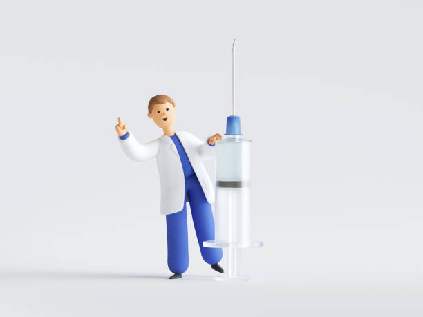 renderowanie 3d. doktor postać z kreskówki gospodarstwa duże strzykawki ze szczepionką przeciwko wirusowi. obiekty clipart izolowane na białym tle. badania kliniczne szczepień, koncepcja medycznej opieki zdrowotnej - medium shot zdjęcia i obrazy z banku zdjęć