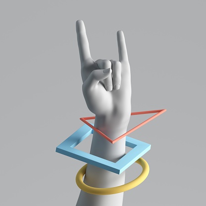 3d render white artificial female hand, colorful geometric bracelets. Human mannequin body part isolated on plain background. Abstract contemporary art. Modern minimal fashion concept. Rock gesture