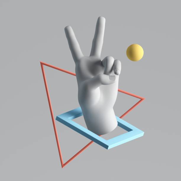 istock 3d render white artificial hand, colorful geometric shapes. Human mannequin body part isolated on plain background. Abstract contemporary art. Modern minimal fashion concept. Victory gesture 1224564557