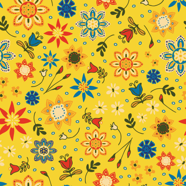 illustrazioni stock, clip art, cartoni animati e icone di tendenza di motivo vettoriale senza cuciture con fiori estivi colorati su sfondo giallo. design luminoso della carta da parati floreale. tessuto moda hippy festival. - rainbow flower meadow nature