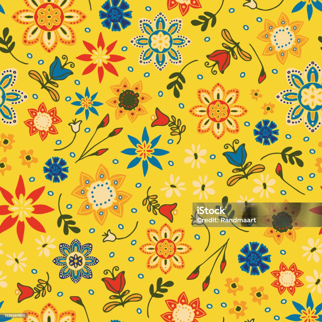 Seamless Vector Pattern With Colourful Summer Flowers On Yellow Background  Bright Floral Wallpaper Design Hippy Festival Fashion Textile Stock  Illustration - Download Image Now - iStock