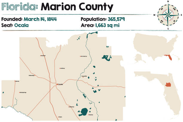 karte von marion county in florida - maroon stock-grafiken, -clipart, -cartoons und -symbole