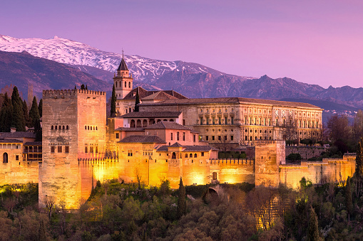 Granada, Andalucia, Spain - 29th March 2015: View of The Alhambra Palace at dusk in Granada, Andalucia, Spain