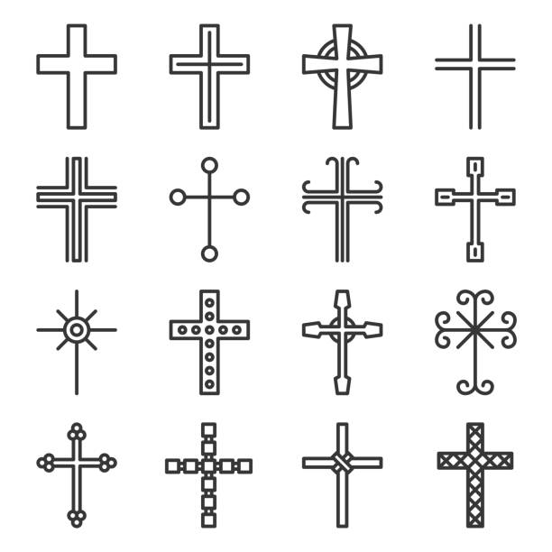 kreuzt icons auf weißem hintergrund. linienstilvektor - cross cross shape religion easter stock-grafiken, -clipart, -cartoons und -symbole