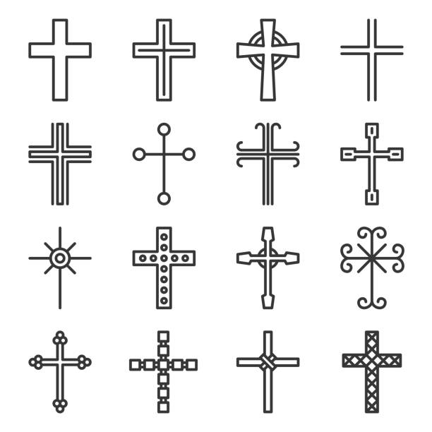 illustrazioni stock, clip art, cartoni animati e icone di tendenza di incrocia icone impostate su sfondo bianco. vettore stile linea - cross cross shape religion easter