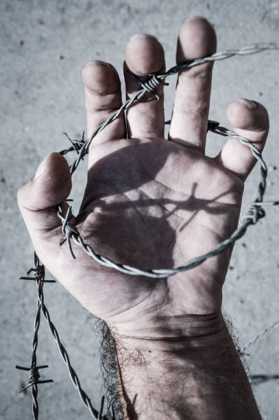 istock Man hand in barb wire concept for human rights - close up - blue toned image 1224571580