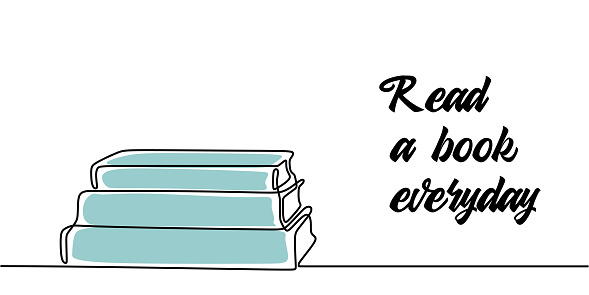 Book continuous one line drawing. Stack of books minimalist design with motivational quotes, Read a book every day.