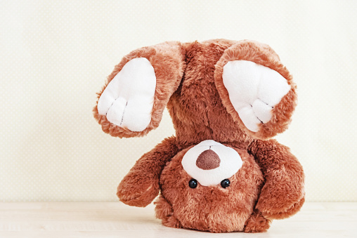 Handstand stuffed toy. Funny Teddy bears turned upside down, falling over.