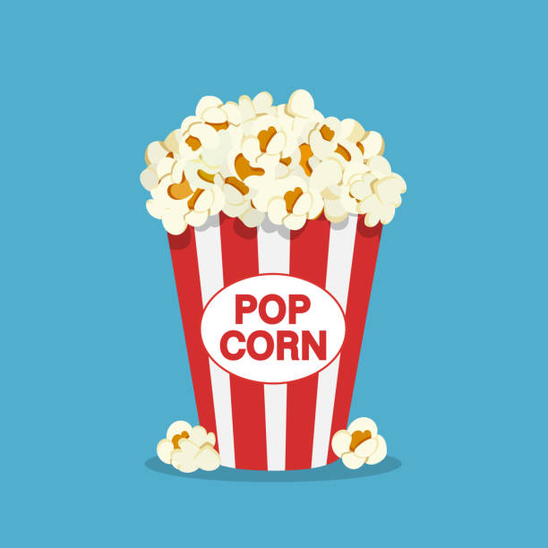 ilustraciones, imágenes clip art, dibujos animados e iconos de stock de caja de palomitas de maíz en estilo plano. - popcorn