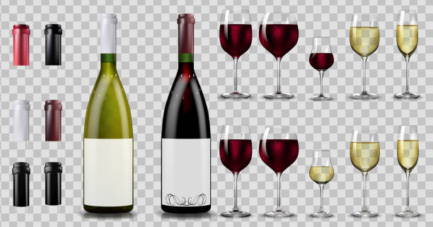 illustrazioni stock, clip art, cartoni animati e icone di tendenza di bottiglie e bicchieri di vino rosso e bianco. mockup realistico - grape white grape green muscat grape