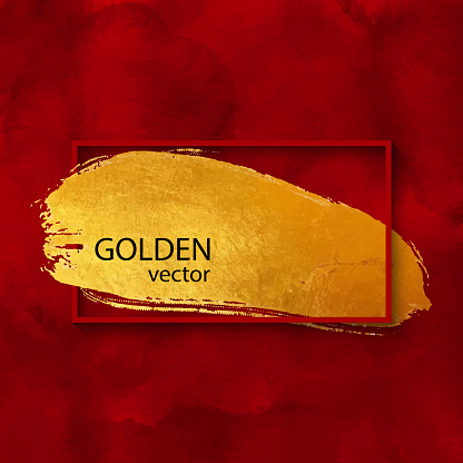 Red Frame with Golden Brush Stroke on Watercolor Red Bckground. Gold Shiny Grunge Texture. Gold Foil Brush Stroke Clip Art. Gold Paint Blot Isolated. Metallic Golden Texture Design Element for Greeting Cards and Labels, Abstract Background.