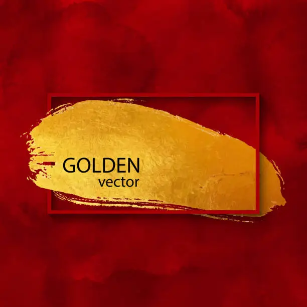 Vector illustration of Red Frame with Golden Brush Stroke on Watercolor Red Bckground. Gold Shiny Grunge Texture. Gold Foil Brush Stroke Clip Art. Gold Paint Blot Isolated. Metallic Golden Texture Design Element for Greeting Cards and Labels, Abstract Background.