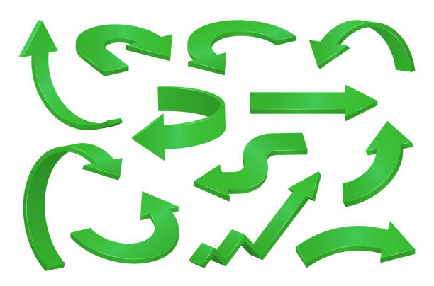 Straight, curved, round, zigzag green 3d arrows collection. Right, left, up, down, turning pointers. Straight, curved, round, zigzag green 3d arrows collection. Right, left, up, down, turning, growth shiny volumetric pointers, guides, information signs. Vector set isolated on white background. turning down volume stock illustrations