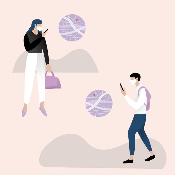 Two young people using a navigation app and wearing medical face mask. smart phone, navigation app, face mask, coronavirus, social distance, out door, working, business man, business women business casual fashion stock illustrations