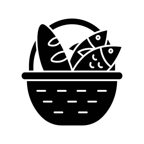 Bread and fish in basket glyph icon. Feeding the multitude. Holy week. Blessing food from Bible. New Testament. Bible narrative. Silhouette symbol. Negative space. Vector isolated illustration Bread and fish in basket glyph icon. Feeding the multitude. Holy week. Blessing food from Bible. New Testament. Bible narrative. Silhouette symbol. Negative space. Vector isolated illustration christian fish clip art stock illustrations