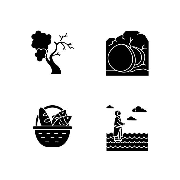 Bible narratives glyph icons set. Fig tree, open coffin, bread and fish, Jesus walking on water. Easter week. Holy writ. Gospel studying, learning. Silhouette symbols. Vector isolated illustration Bible narratives glyph icons set. Fig tree, open coffin, bread and fish, Jesus walking on water. Easter week. Holy writ. Gospel studying, learning. Silhouette symbols. Vector isolated illustration christian fish clip art stock illustrations