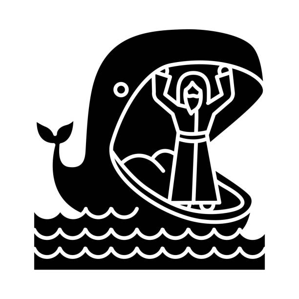 Jonah and whale glyph icon. Old Testament story. Jonahs miraculous return from jaws of huge fish. Repentance and forgiveness. Silhouette symbol. Negative space. Vector isolated illustration Jonah and whale glyph icon. Old Testament story. Jonahs miraculous return from jaws of huge fish. Repentance and forgiveness. Silhouette symbol. Negative space. Vector isolated illustration christian fish clip art stock illustrations