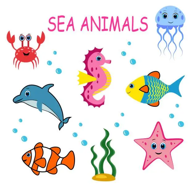 Vector illustration of Cute colorful sea animals. Marine life.